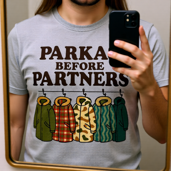 Oasis Inspired “Parkas Before Partners” T-Shirt – Funny Britpop Fan Tee for Oasis Lovers