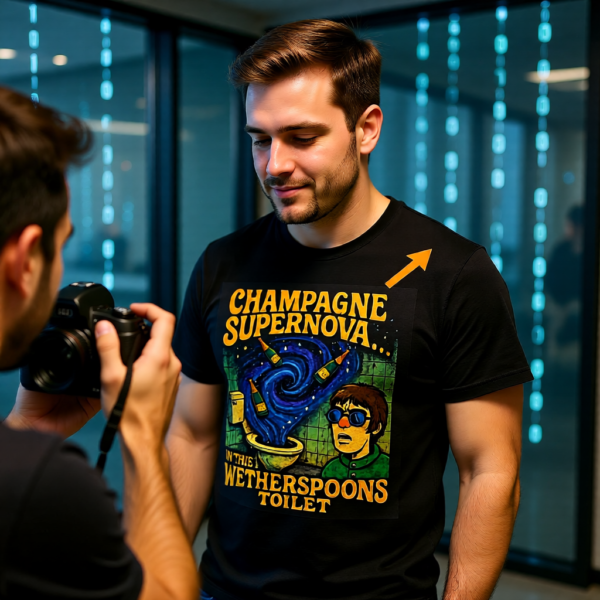Champagne Supernova T-Shirt, Retro Graphic Tee, Unisex Casual Wear, Gifts for Music Lovers, Festival Apparel, Unique Humor Shirt