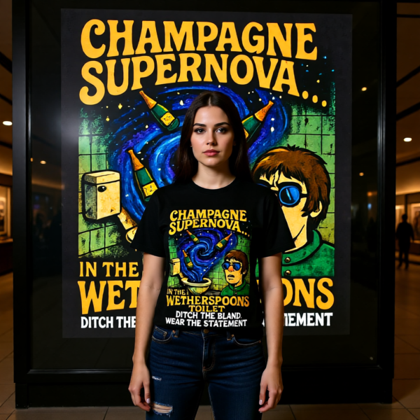 Champagne Supernova T-Shirt, Retro Graphic Tee, Unisex Casual Wear, Gifts for Music Lovers, Festival Apparel, Unique Humor Shirt