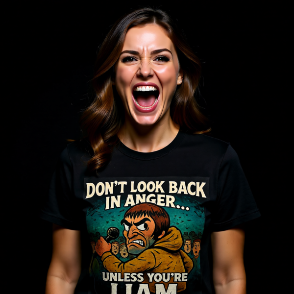 20251214213834-1f0d9353-e367-6bbe-89a3-dae37e644721.png Oasis Inspired Funny Britpop T-Shirt – Don’t Look Back In Anger Unless You’re Liam