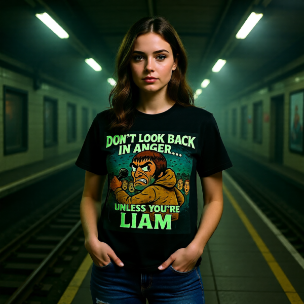 20251214213834-1f0d9353-e41e-6b16-836b-9677b1251e95.png Oasis Inspired Funny Britpop T-Shirt – Don’t Look Back In Anger Unless You’re Liam