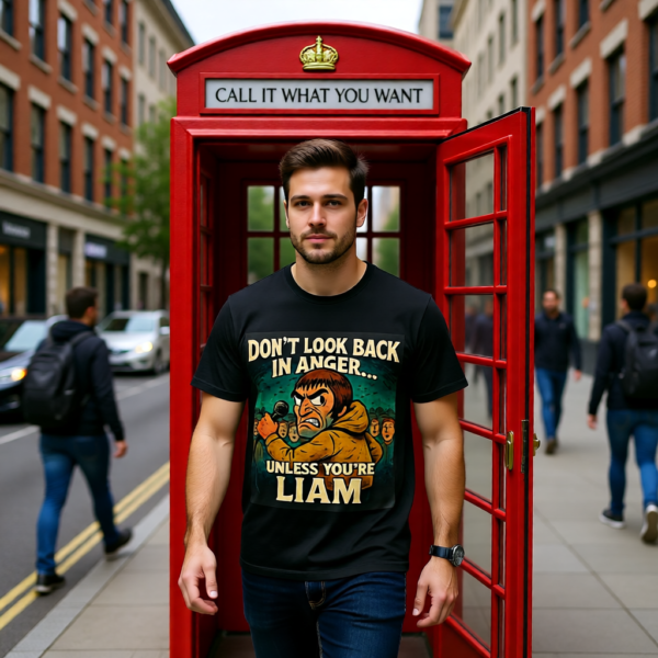 20251214213835-1f0d9353-e3be-6f9a-95de-360e255b4684.png Oasis Inspired Funny Britpop T-Shirt – Don’t Look Back In Anger Unless You’re Liam