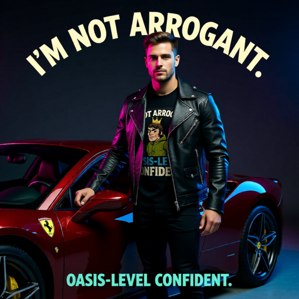 20251215094308-1f0d99a7-677c-616c-9e7b-2e1ccb9f81b6.png Funny Oasis Inspired T-Shirt – I’m Not Arrogant, I’m Just Oasis Level Confident