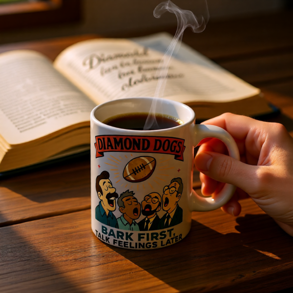 20251225090614-1f0e170f-6b9a-6826-afc5-6a6a783a3bc0.png Diamond Dogs: Bark First, Talk Feelings Later | Ted Lasso Mug | Retro Funny Team Coffee Cup