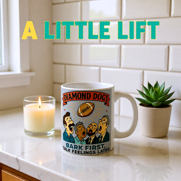 20251225090614-1f0e170f-6c08-6dee-86bc-3e50807bb0ee.png Diamond Dogs: Bark First, Talk Feelings Later | Ted Lasso Mug | Retro Funny Team Coffee Cup