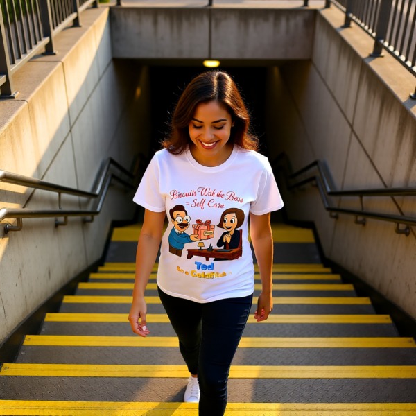 20251215102612-1f0d9a07-ab75-66ec-9d35-7218d87ac06d.png Ted Lasso Inspired T-Shirt “Biscuits With the Boss = Self-Care” Funny Motivation Tee, TV Show Quote Shirt, Gift for Fans
