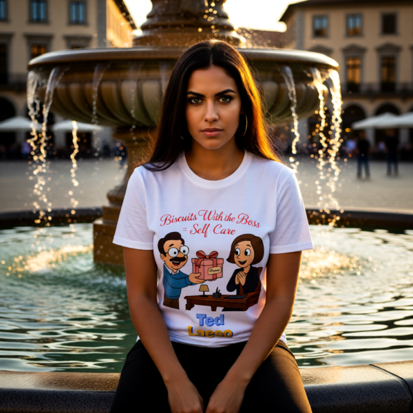 20251215102612-1f0d9a07-abf9-6ae6-9199-0ae8fc3a5a97.png Ted Lasso Inspired T-Shirt “Biscuits With the Boss = Self-Care” Funny Motivation Tee, TV Show Quote Shirt, Gift for Fans