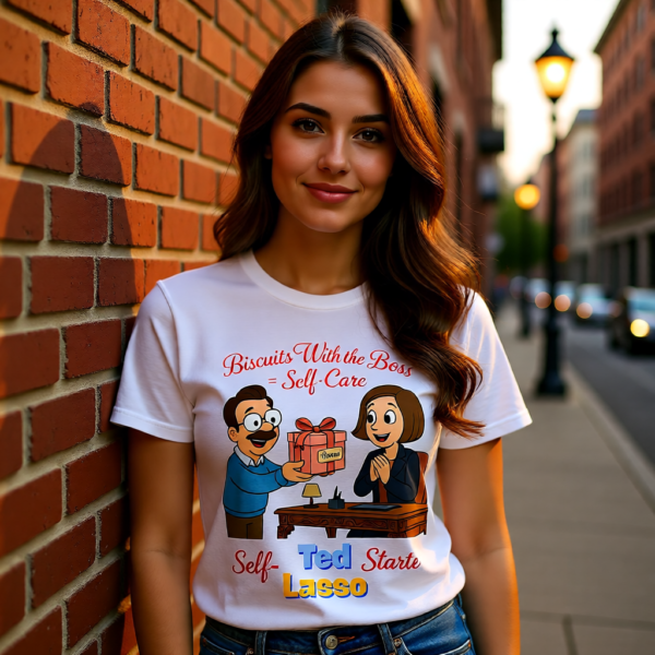 20251215102612-1f0d9a07-abfd-6b6e-a47f-62fa27fc9c39.png Ted Lasso Inspired T-Shirt “Biscuits With the Boss = Self-Care” Funny Motivation Tee, TV Show Quote Shirt, Gift for Fans