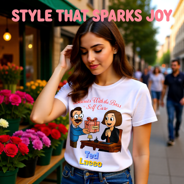 20251215102612-1f0d9a07-ad0e-65bc-98a3-5a13f6c7c679.png Ted Lasso Inspired T-Shirt “Biscuits With the Boss = Self-Care” Funny Motivation Tee, TV Show Quote Shirt, Gift for Fans