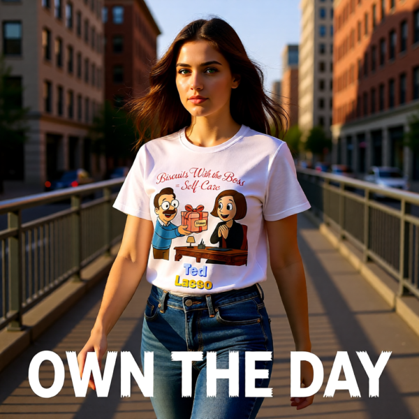 20251215102612-1f0d9a07-ad73-6138-9b8a-7a5f1ca2f4dd.png Ted Lasso Inspired T-Shirt “Biscuits With the Boss = Self-Care” Funny Motivation Tee, TV Show Quote Shirt, Gift for Fans