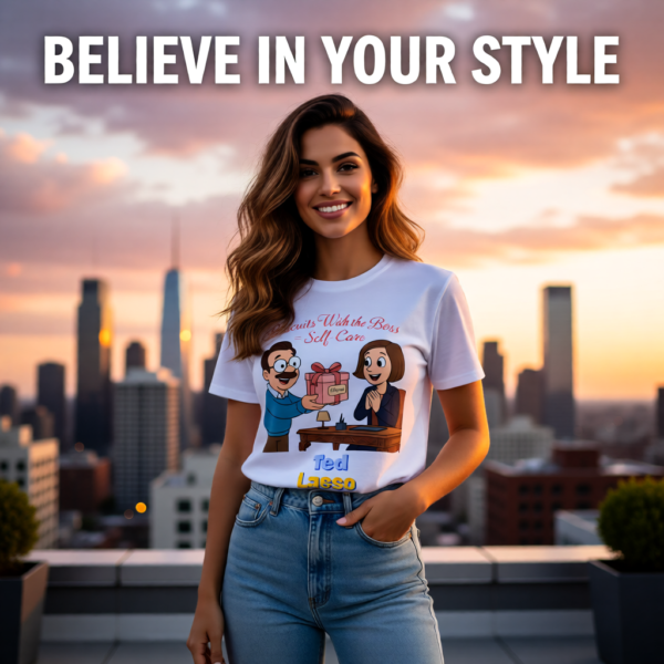 20251215102612-1f0d9a07-adc5-6a64-b001-4a0b90d79124.png Ted Lasso Inspired T-Shirt “Biscuits With the Boss = Self-Care” Funny Motivation Tee, TV Show Quote Shirt, Gift for Fans