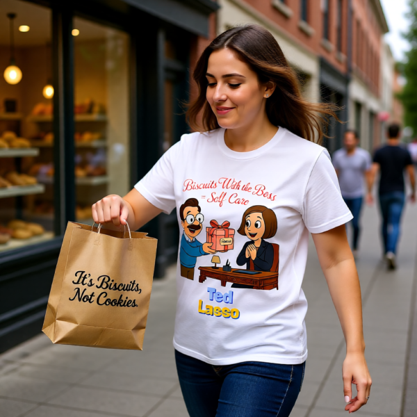 20251215102612-1f0d9a07-addb-6a9e-83fe-e62a3cb17f1b.png Ted Lasso Inspired T-Shirt “Biscuits With the Boss = Self-Care” Funny Motivation Tee, TV Show Quote Shirt, Gift for Fans