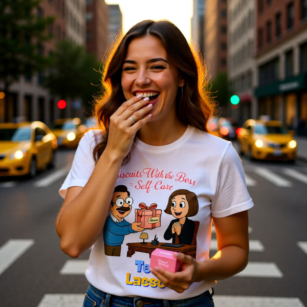 20251215102612-1f0d9a07-adf8-64f0-adcc-0e1f3466166f.png Ted Lasso Inspired T-Shirt “Biscuits With the Boss = Self-Care” Funny Motivation Tee, TV Show Quote Shirt, Gift for Fans