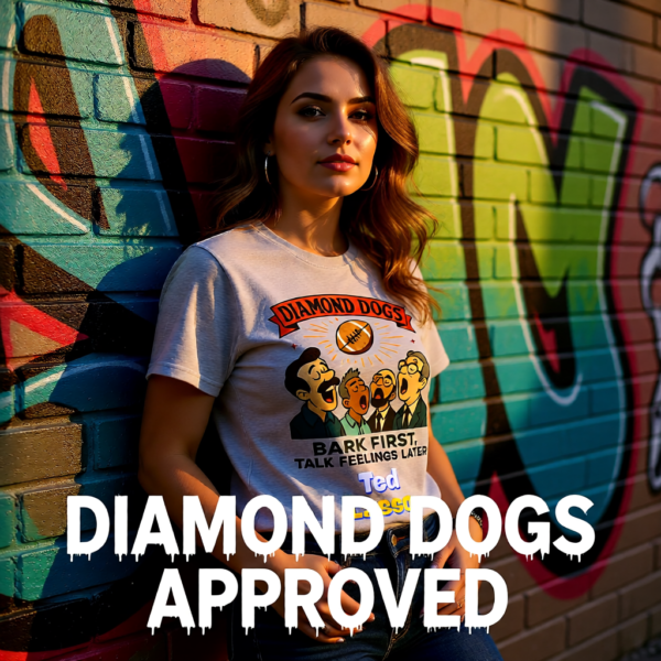20251215110417-1f0d9a5c-c6db-60e4-a67a-dee4efff3a14.png Ted Lasso Inspired Diamond Dogs T-Shirt “Bark First, Talk Feelings Later”, Funny TV Show Quote Tee, Gift for Fans