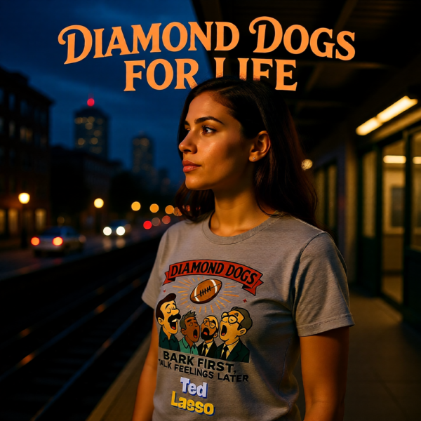 20251215110417-1f0d9a5c-c723-6b1e-bc77-5a5f6c76db2d.png Ted Lasso Inspired Diamond Dogs T-Shirt “Bark First, Talk Feelings Later”, Funny TV Show Quote Tee, Gift for Fans
