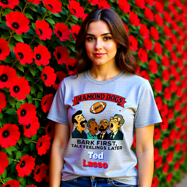 20251215110417-1f0d9a5c-c7c6-6ae4-8493-2a9b827e91d4.png Ted Lasso Inspired Diamond Dogs T-Shirt “Bark First, Talk Feelings Later”, Funny TV Show Quote Tee, Gift for Fans