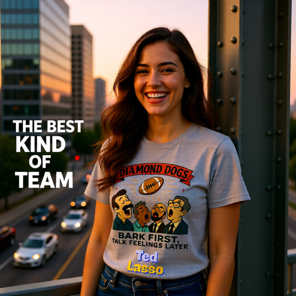 20251215110417-1f0d9a5c-c840-69ca-813f-3688c4eea45a.png Ted Lasso Inspired Diamond Dogs T-Shirt “Bark First, Talk Feelings Later”, Funny TV Show Quote Tee, Gift for Fans